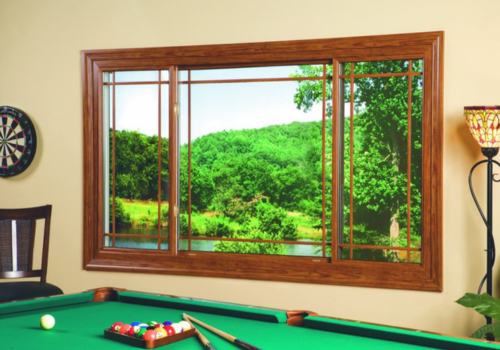 a wood grain sliding window