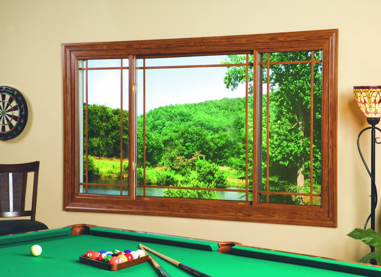 a wood grain sliding window